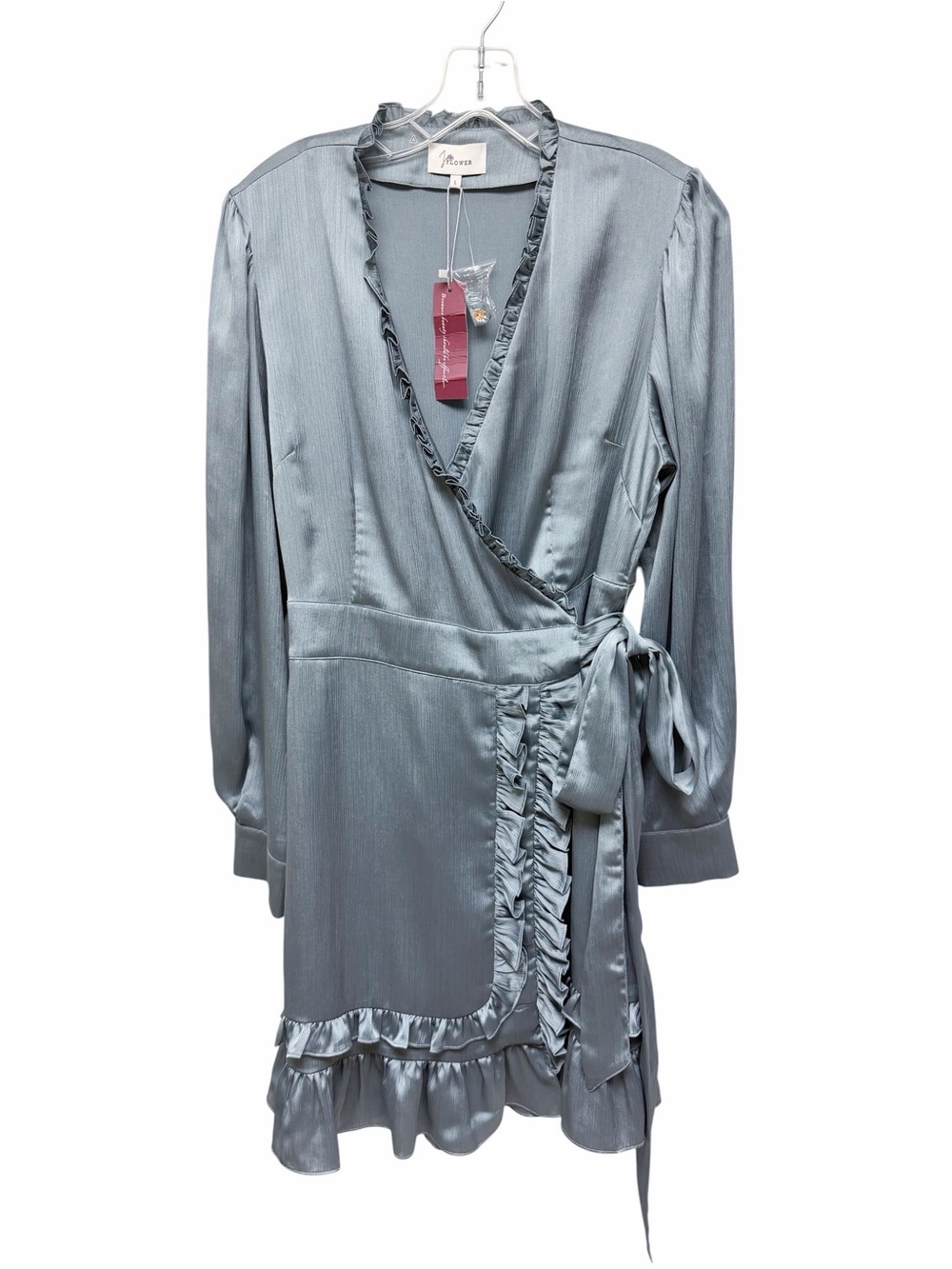 JoFlower Silvery Blue Wrap Mini Dress with Ruffle Trim Long Sleeves Size L NWT